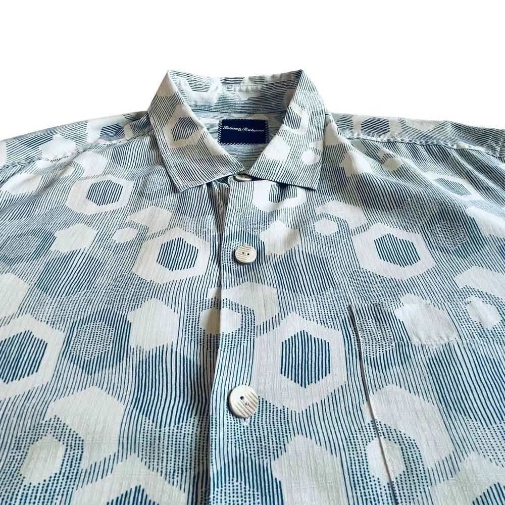 Tommy Bahama Mens XLT Tall Blue Geometric 100% Silk Short Sleeve Button Up Shirt